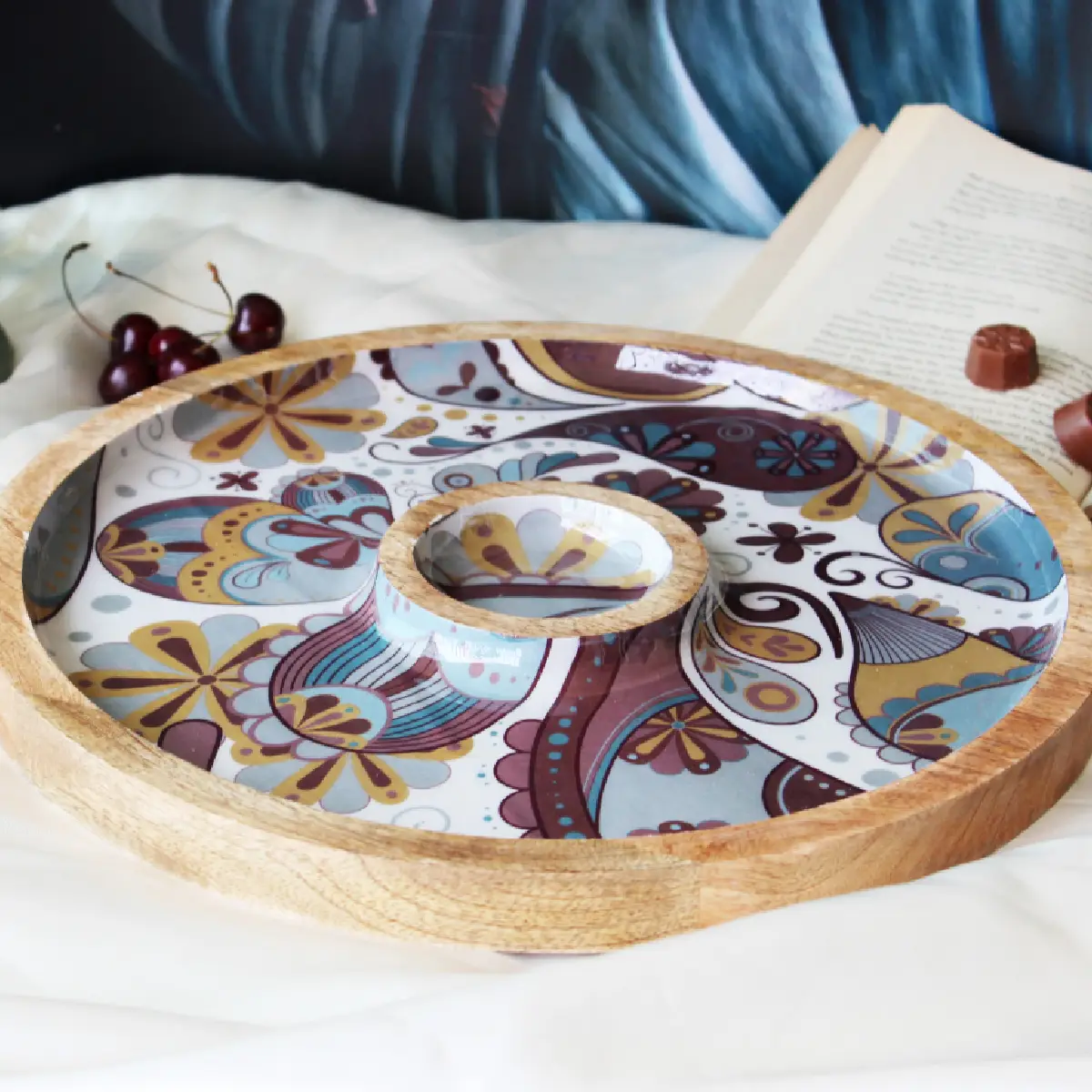 Boho Paisley Round Platter with Dip Compartment