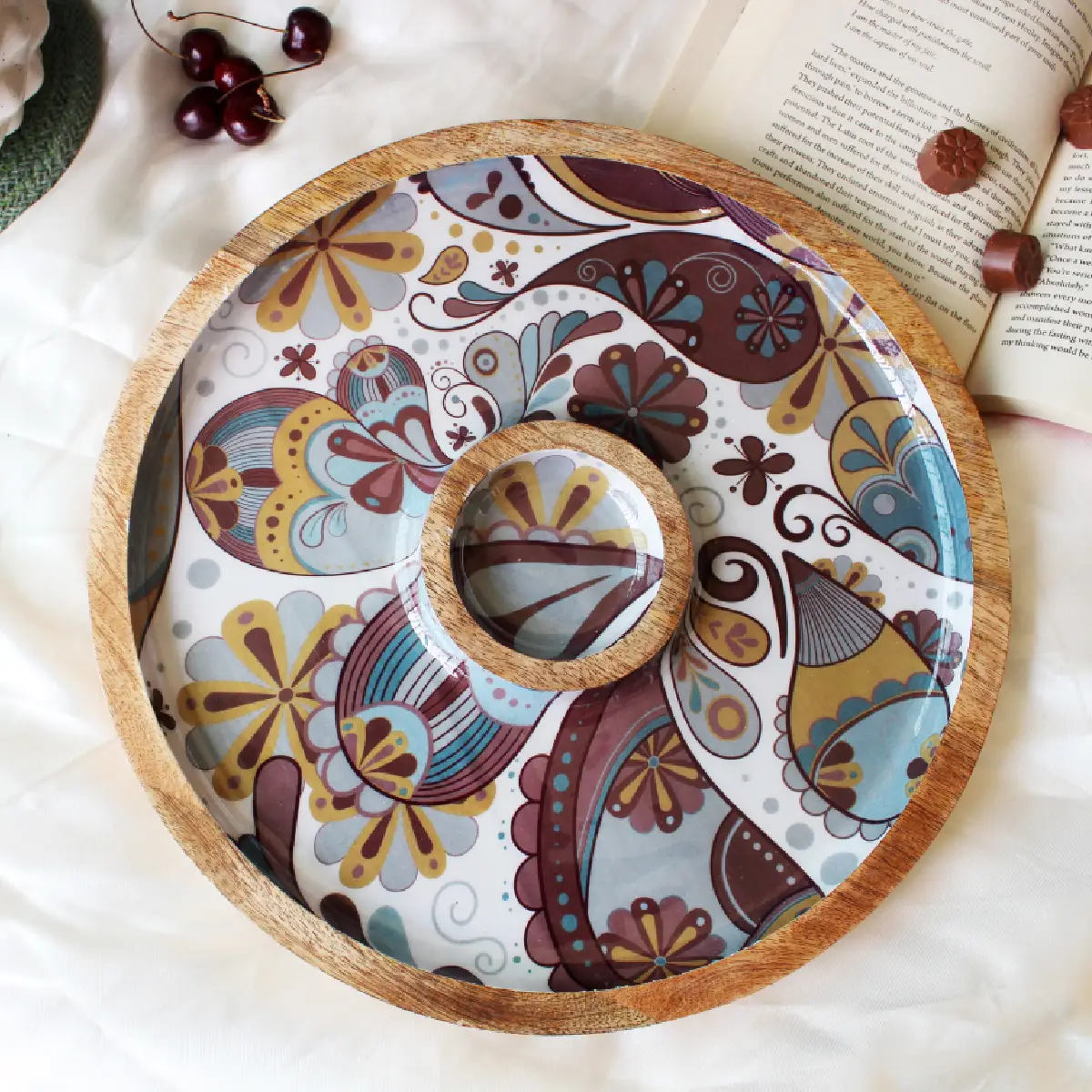 Boho Paisley Round Platter with Dip Compartment
