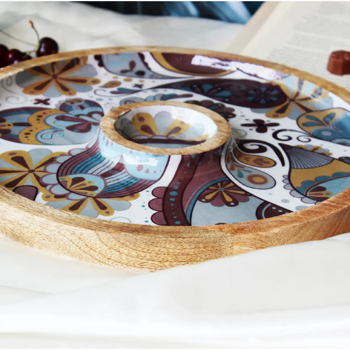 Boho Paisley Round Platter with Dip Compartment
