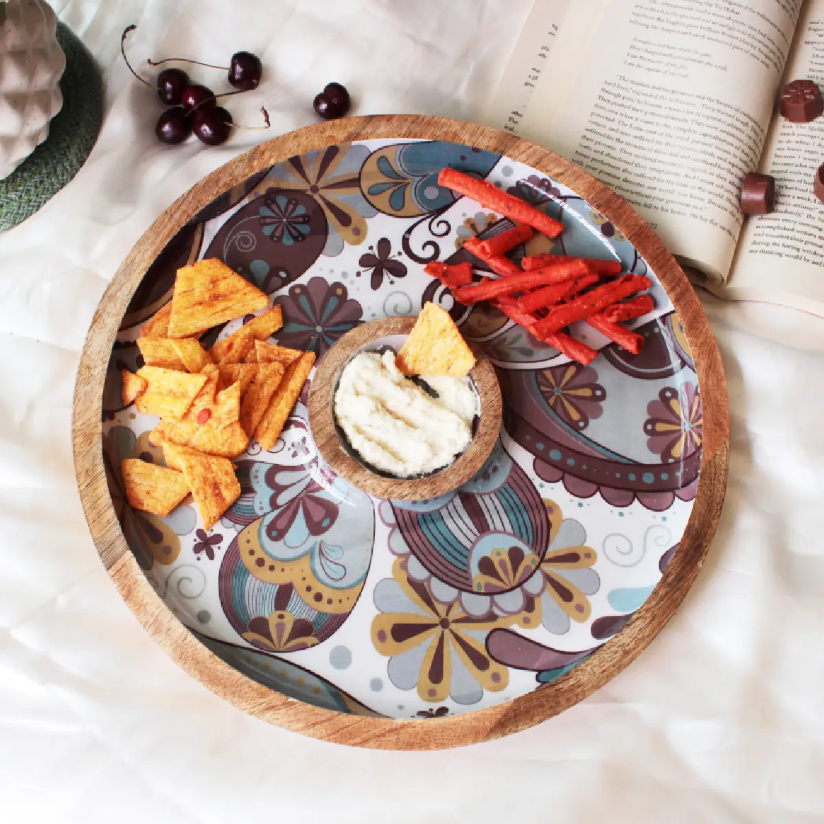 Boho Paisley Round Platter with Dip Compartment