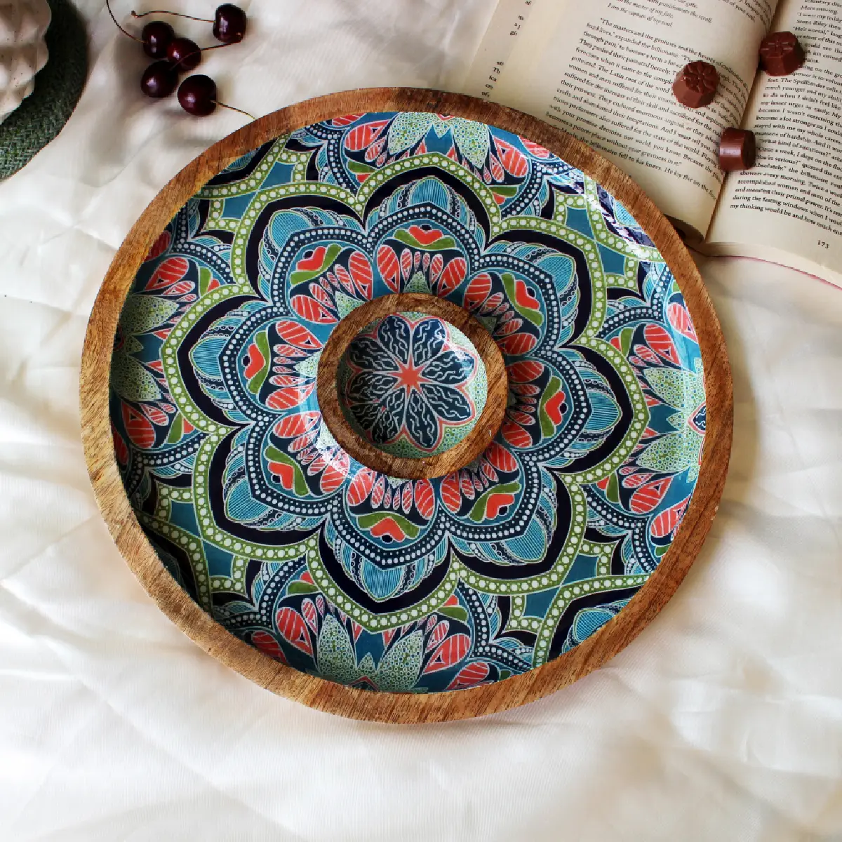 Mystic Mandala Round Platter with Dip Compartment