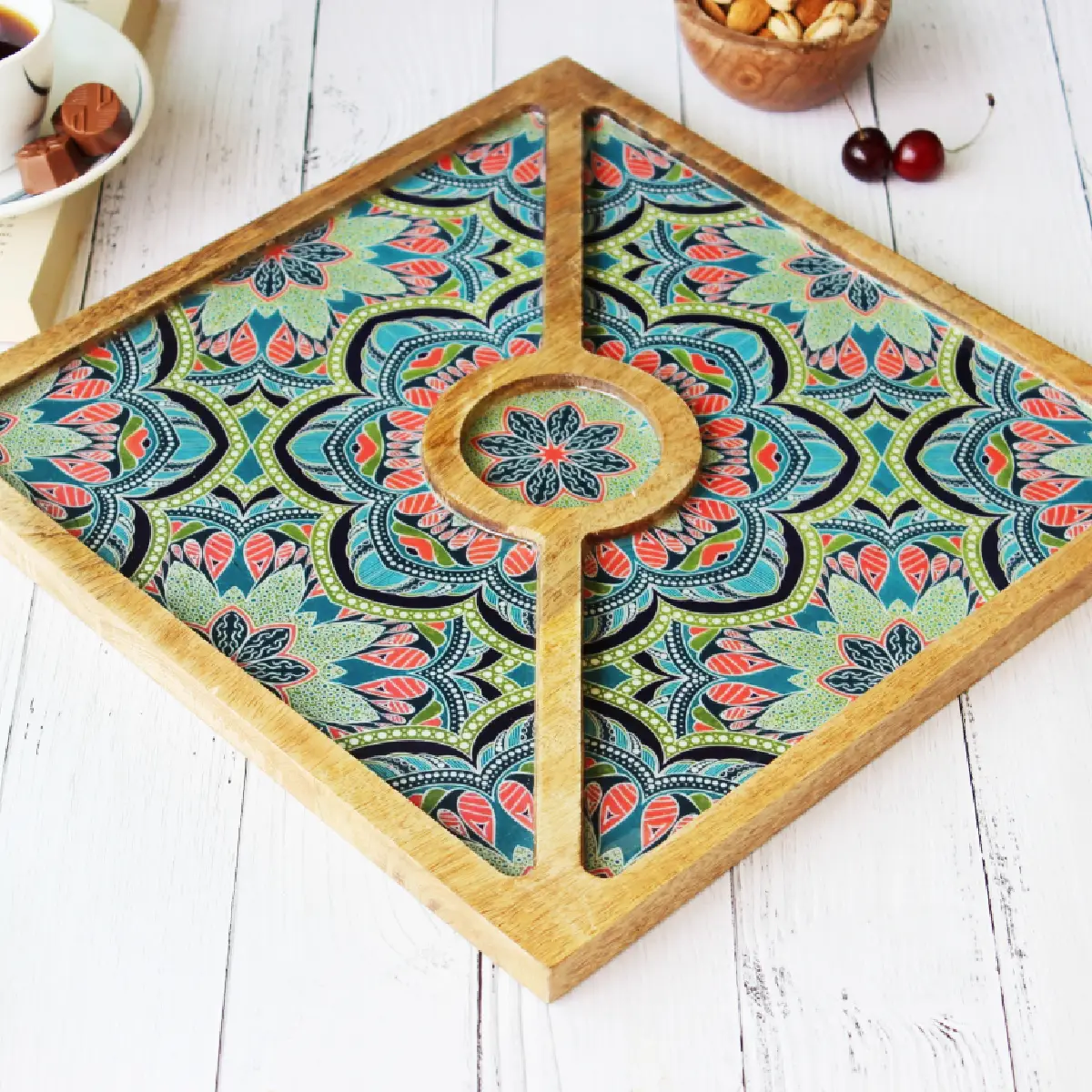 Mystic Mandala Square Feast Platter with Dip Bowl