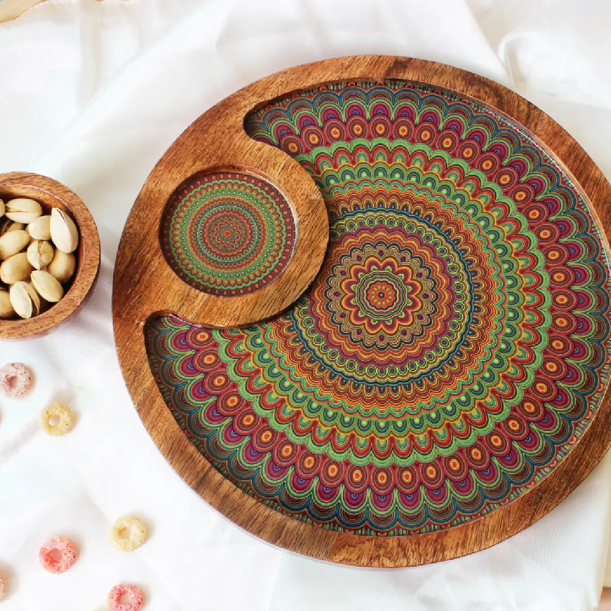 Bohemian Mandala Mangowood Round Plate with Dip Bowl