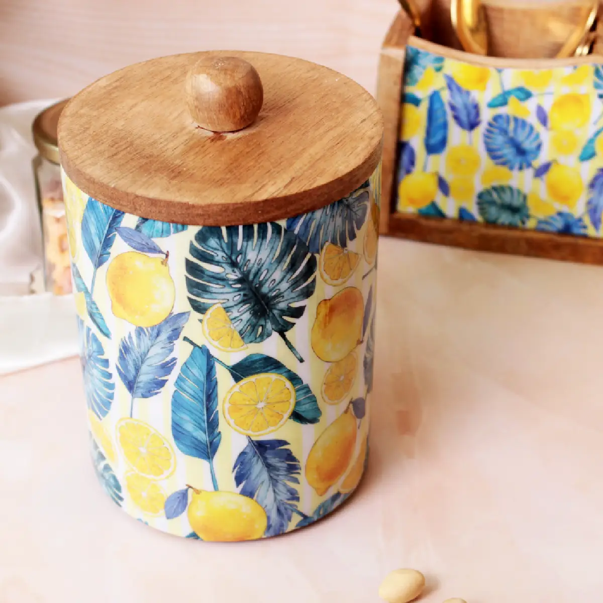 Zesty Lemon MangoWood XL Container with Stainless Steel Storage Jar & Lid