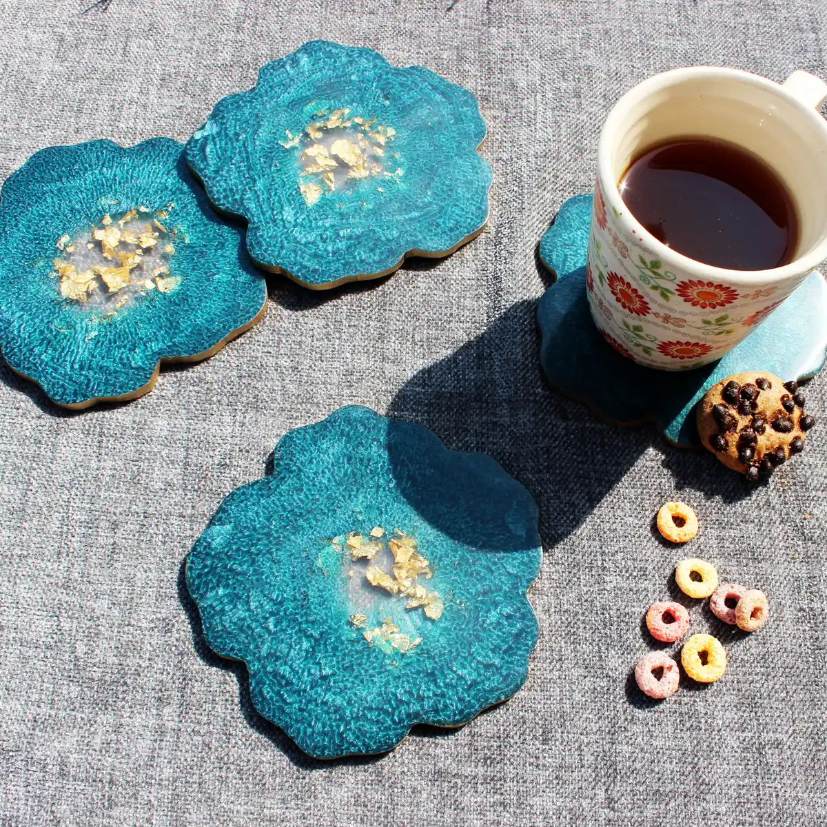 Crystal Teal & Gold Flower Shaped Coasters (Set 4)