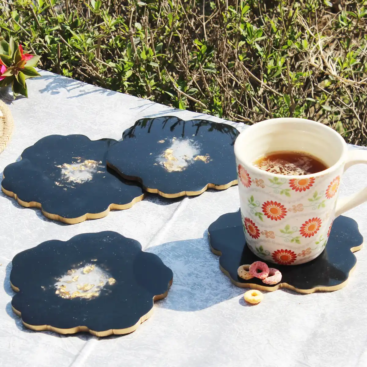 Midnight Black & Gold Flower Shaped Coasters (Set 4)