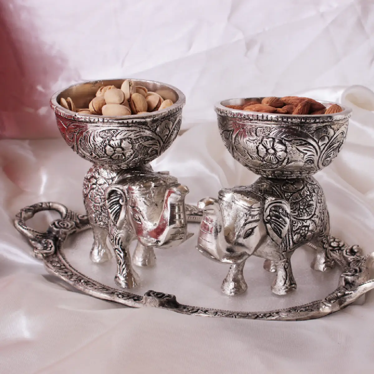 German Silver Twin Elephants  Tray Combo