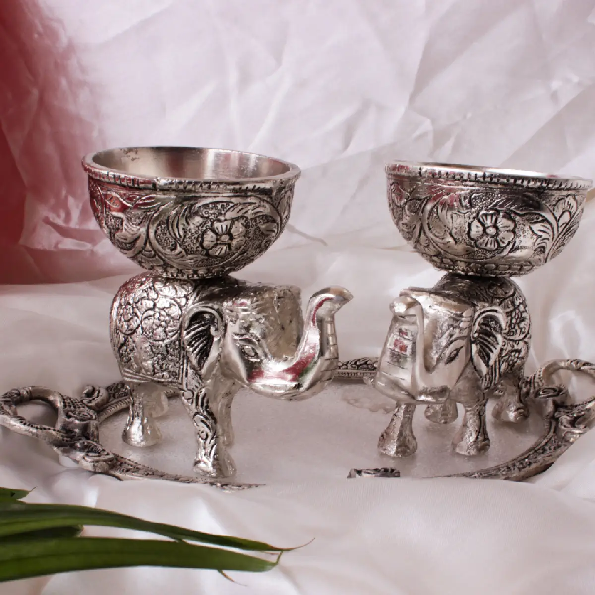 German Silver Twin Elephants  Tray Combo