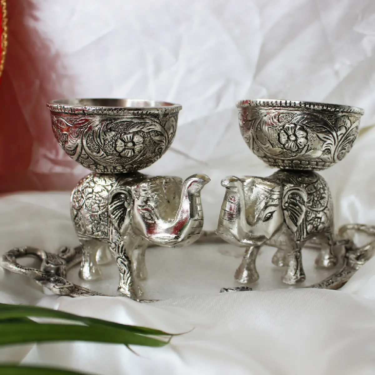 German Silver Twin Elephants  Tray Combo