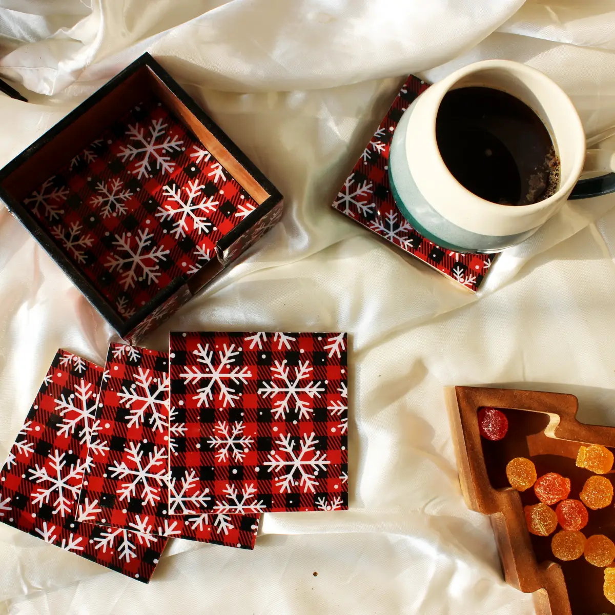 Snowflake Fantasy Wood Coasters Set with Holder