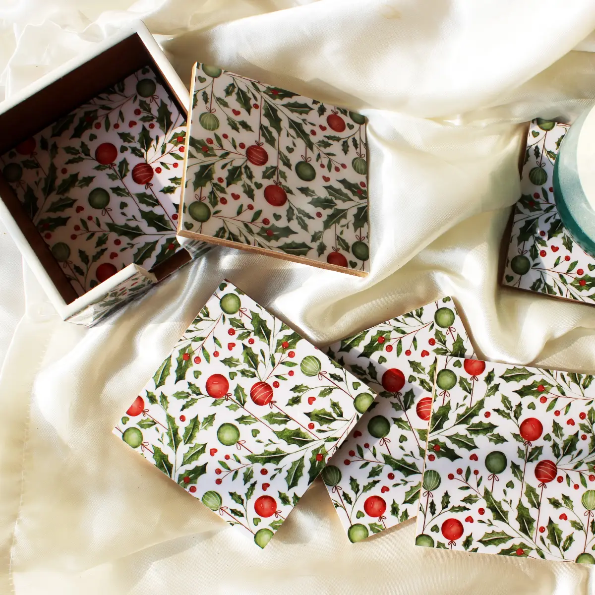 Holiday Hangings Wood Coasters Set with Holder