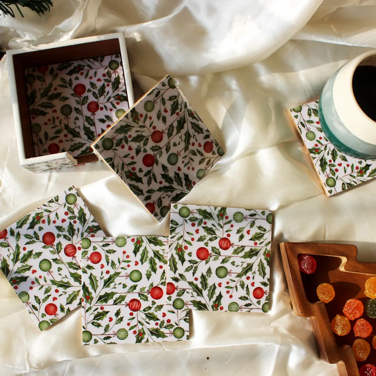 Holiday Hangings Wood Coasters Set with Holder