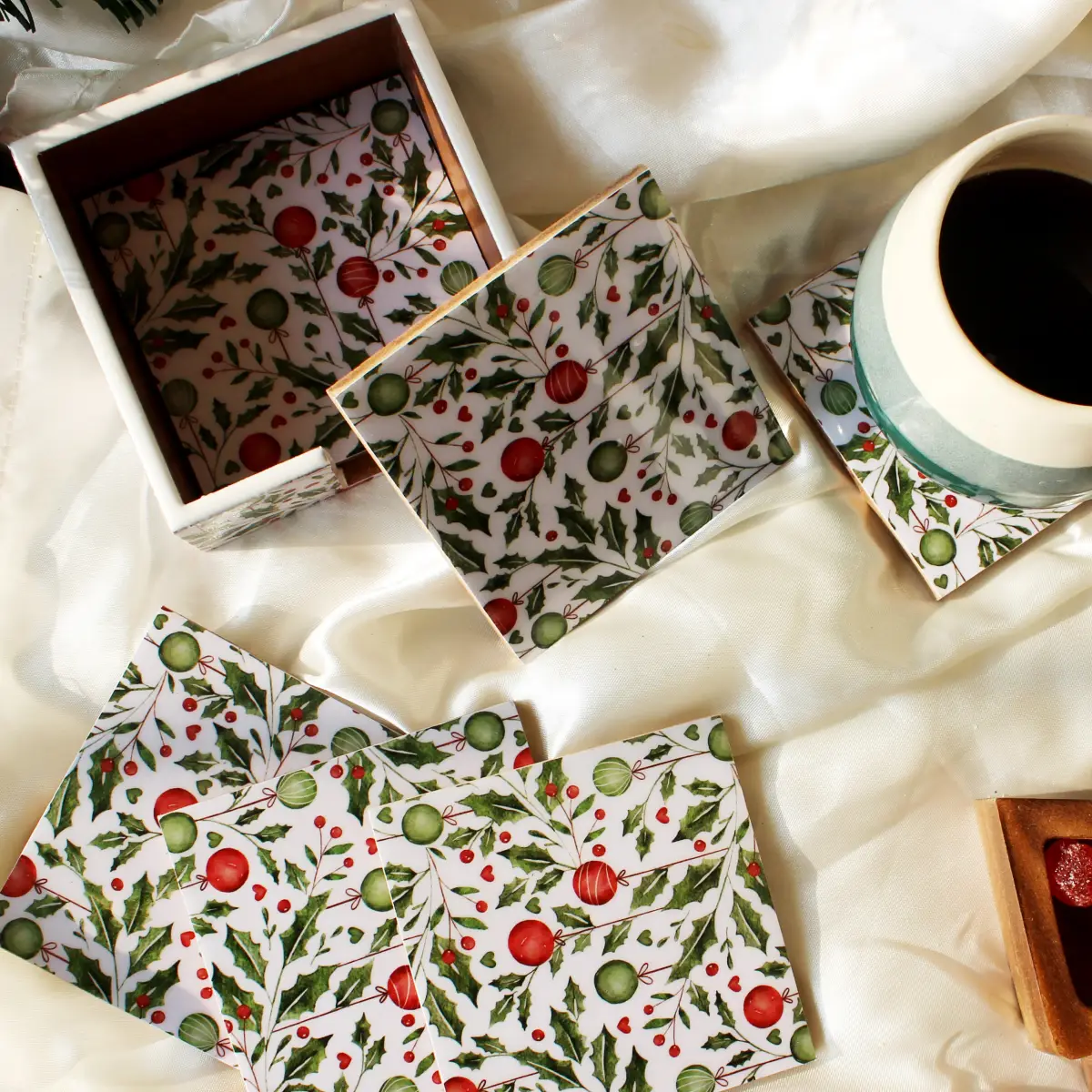 Holiday Hangings Wood Coasters Set with Holder