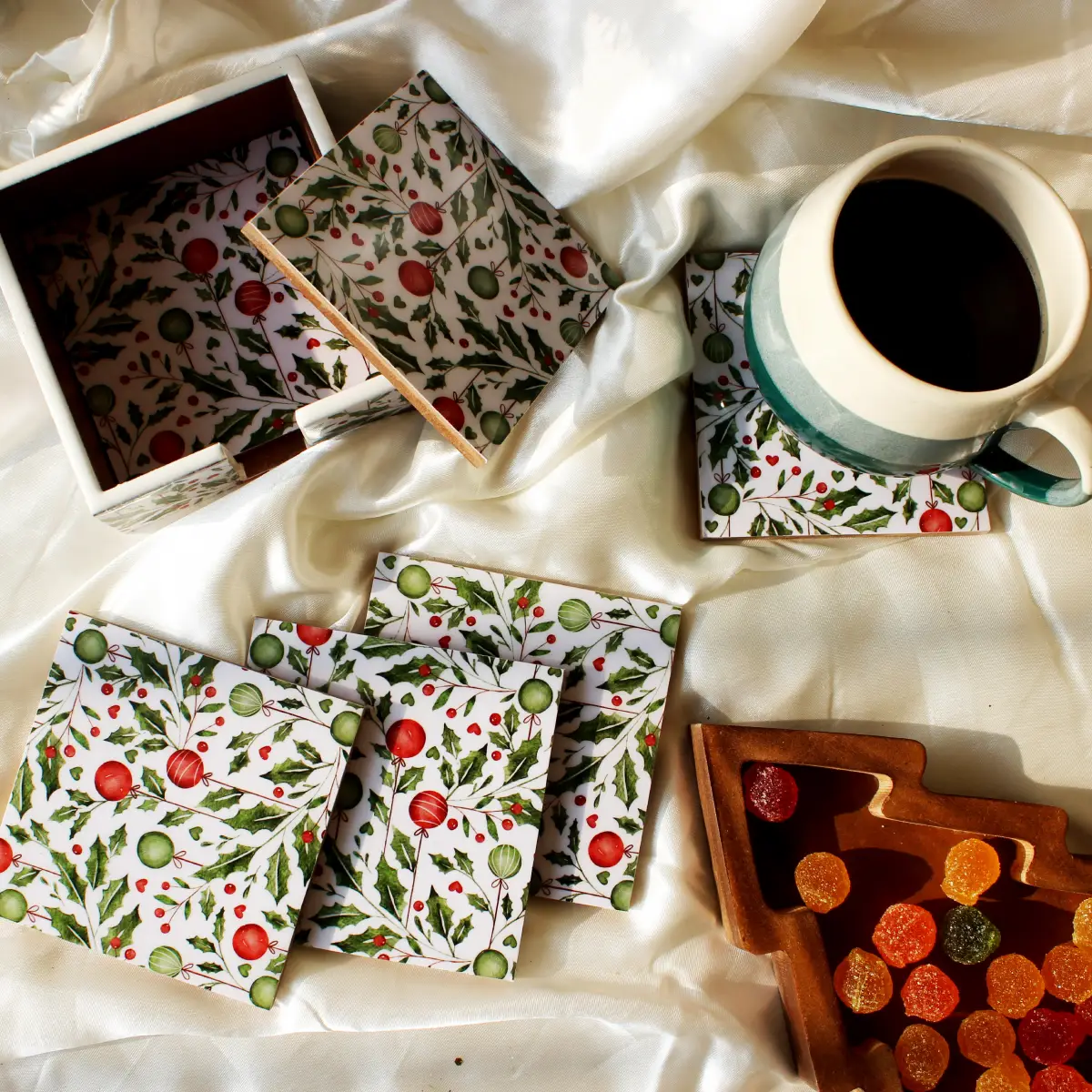 Holiday Hangings Wood Coasters Set with Holder