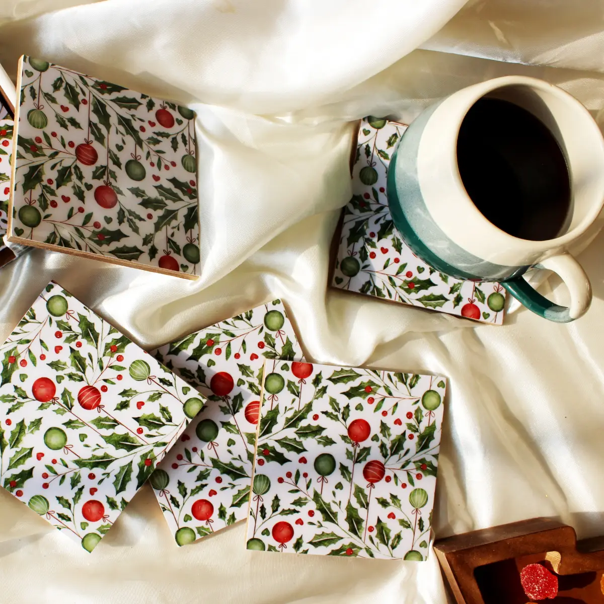 Holiday Hangings Wood Coasters Set with Holder