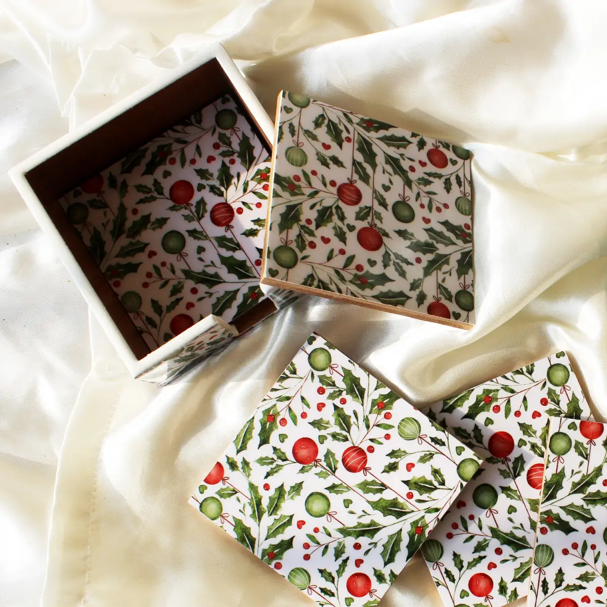 Holiday Hangings Wood Coasters Set with Holder