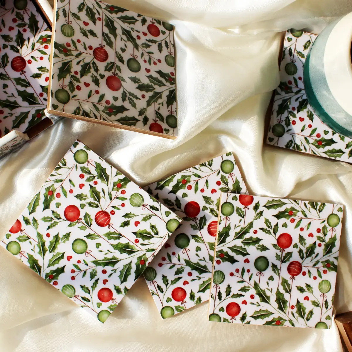 Holiday Hangings Wood Coasters Set with Holder