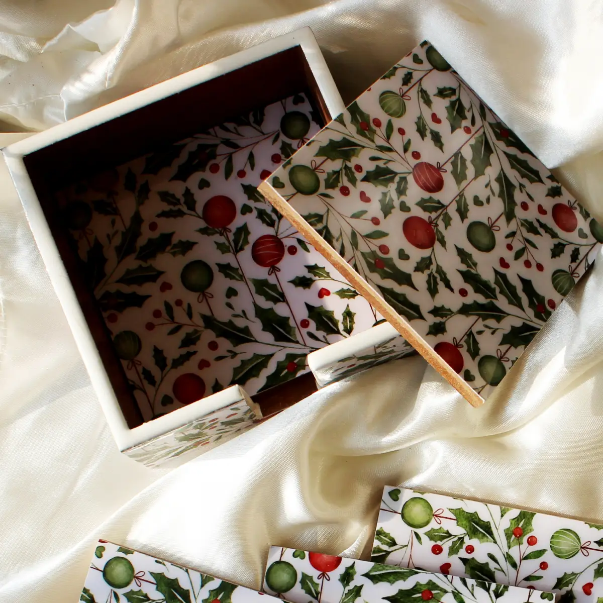 Holiday Hangings Wood Coasters Set with Holder