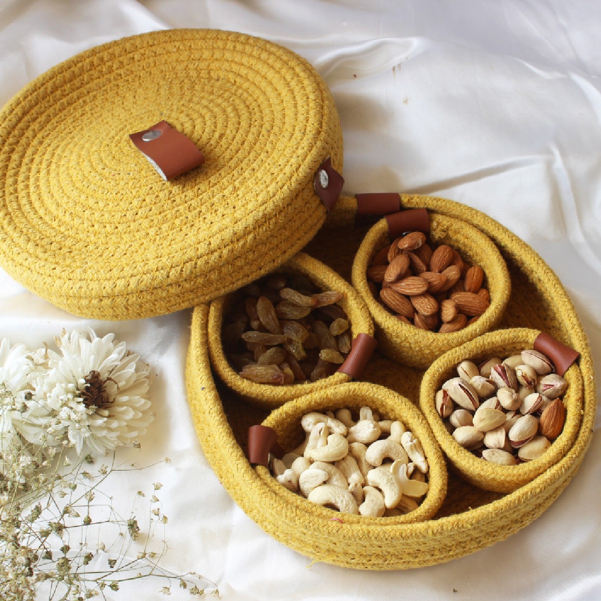 Mustard Burst Rope Crafted Serving Set with 4 Bowls (Size- 23*23*6 cm , Weight - 450 gm)