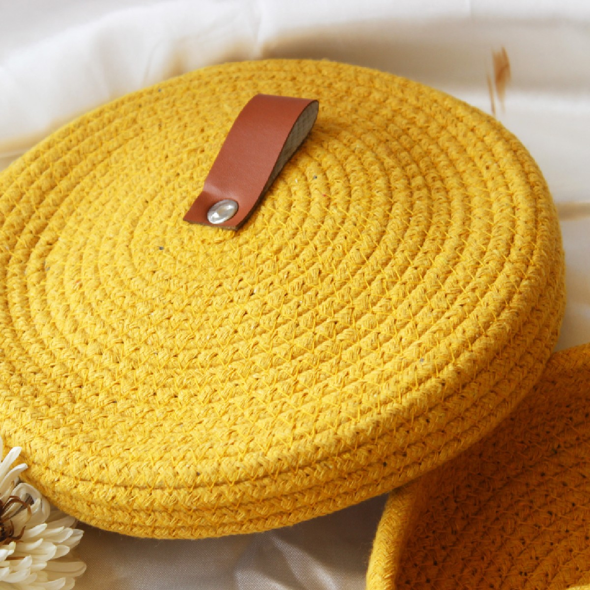 Mustard Burst Rope Crafted Serving Set with 4 Bowls (Size- 23*23*6 cm , Weight - 450 gm)
