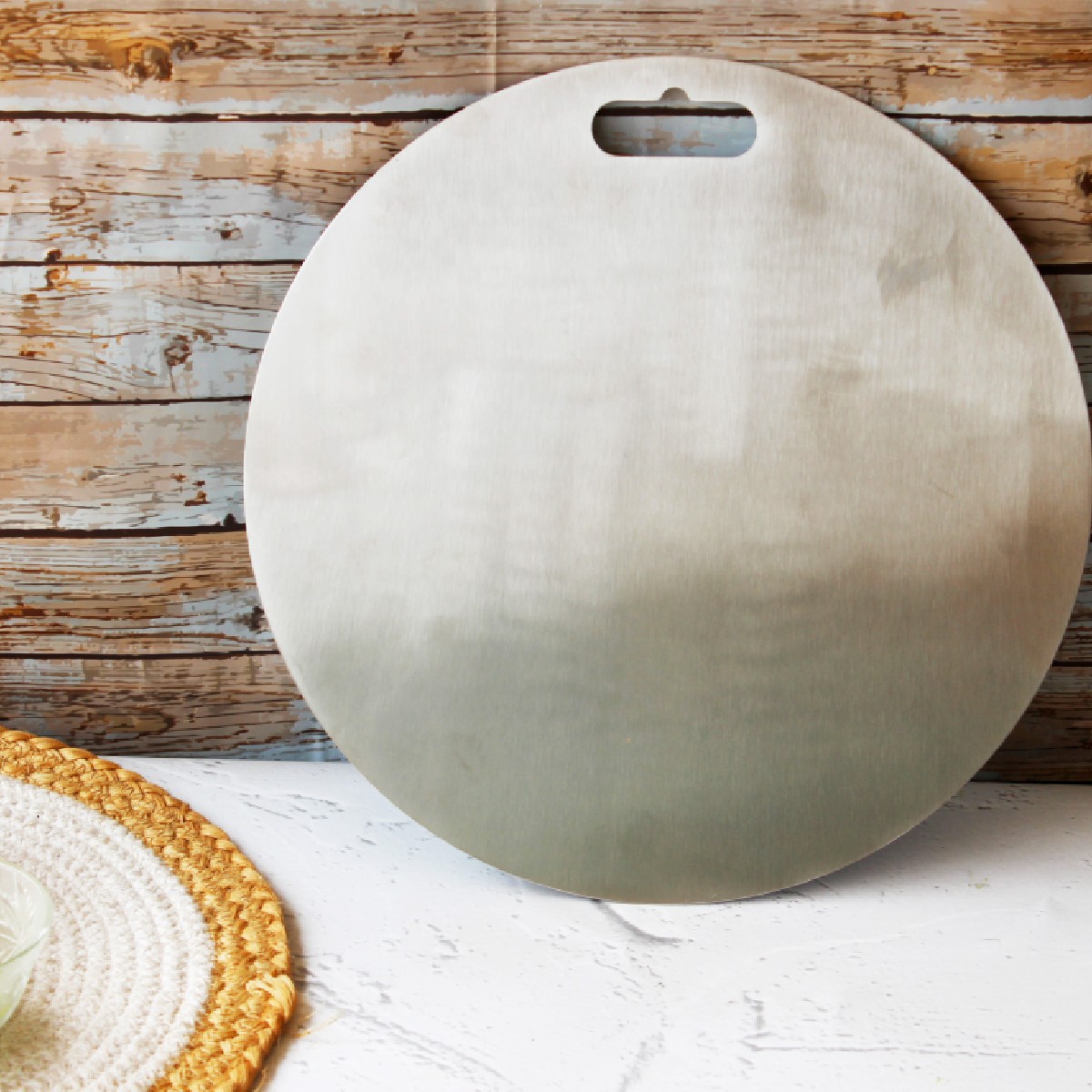 Stainless Steel Round Chopping Board with Grip Handle (12 Inches x 1MM (Height))