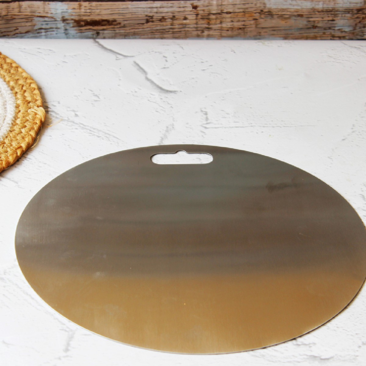 Stainless Steel Round Chopping Board with Grip Handle (12 Inches x 1MM (Height))