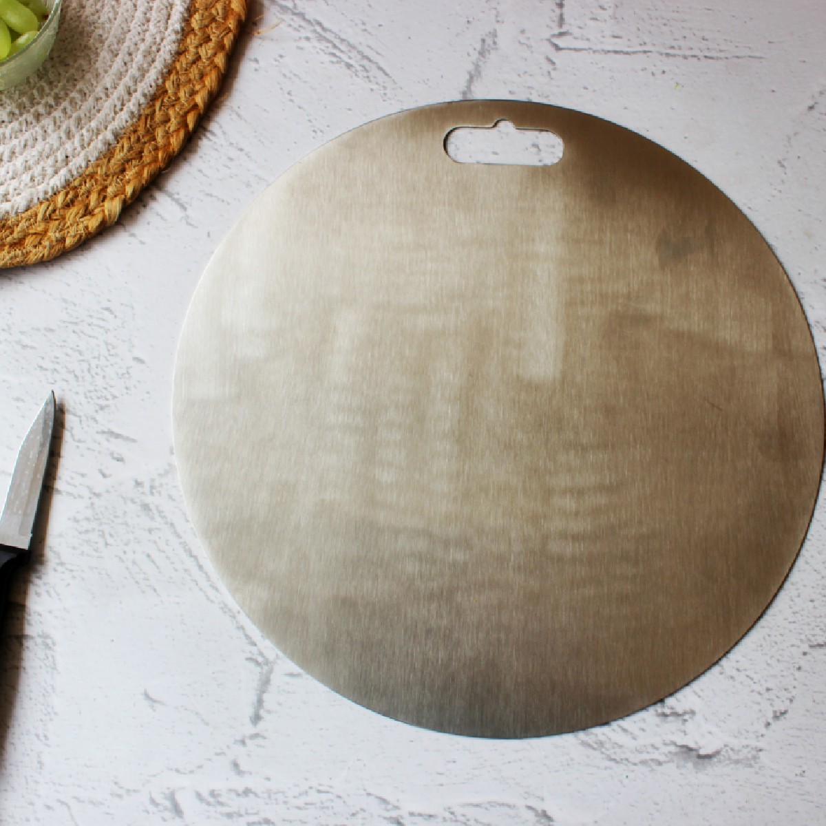 Stainless Steel Round Chopping Board with Grip Handle (12 Inches x 1MM (Height))
