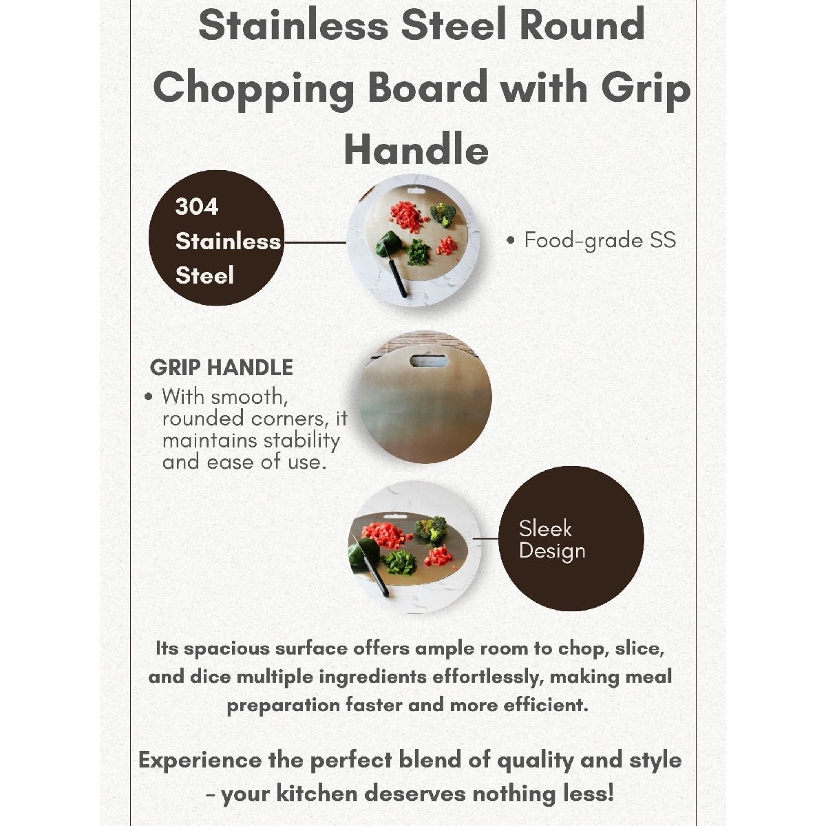 Stainless Steel Round Chopping Board with Grip Handle (12 Inches x 1MM (Height))