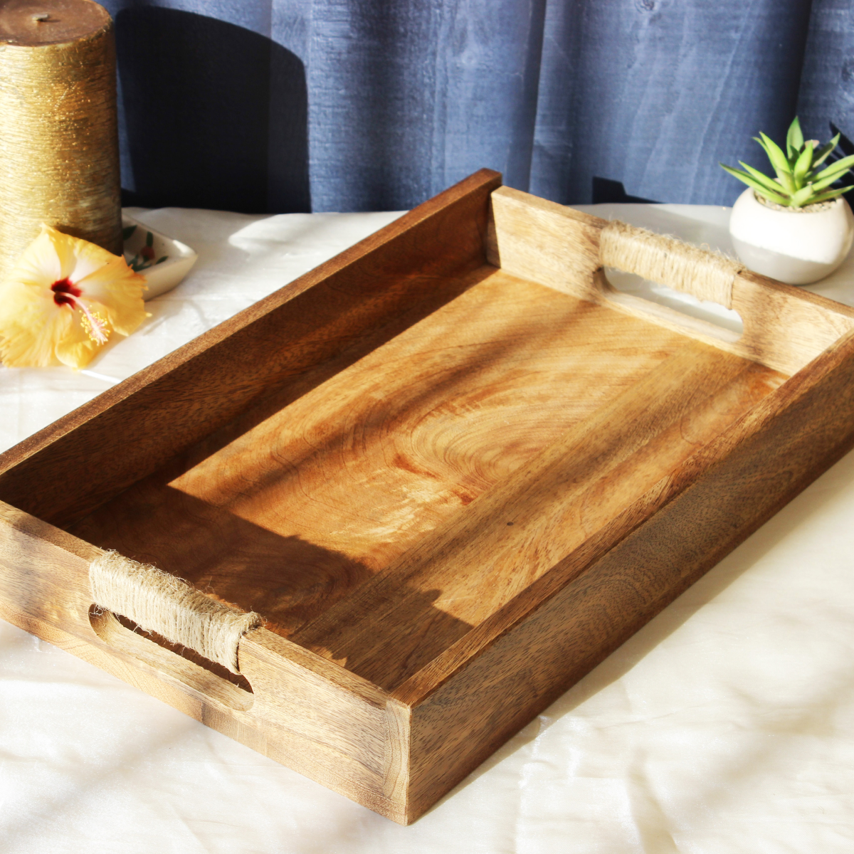 Acacia Rectangular Breakfast Tray with Rope Handles