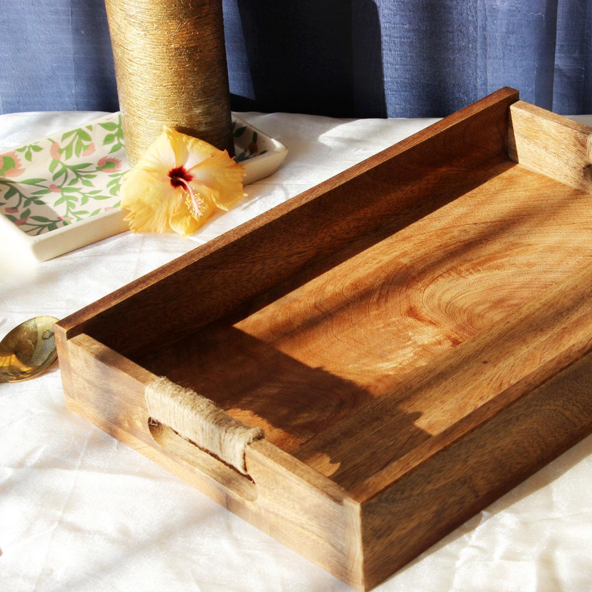 Acacia Rectangular Breakfast Tray with Rope Handles
