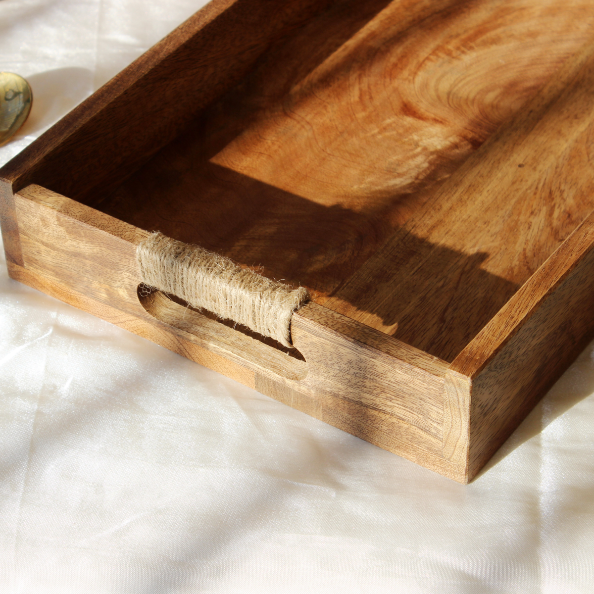Acacia Rectangular Breakfast Tray with Rope Handles