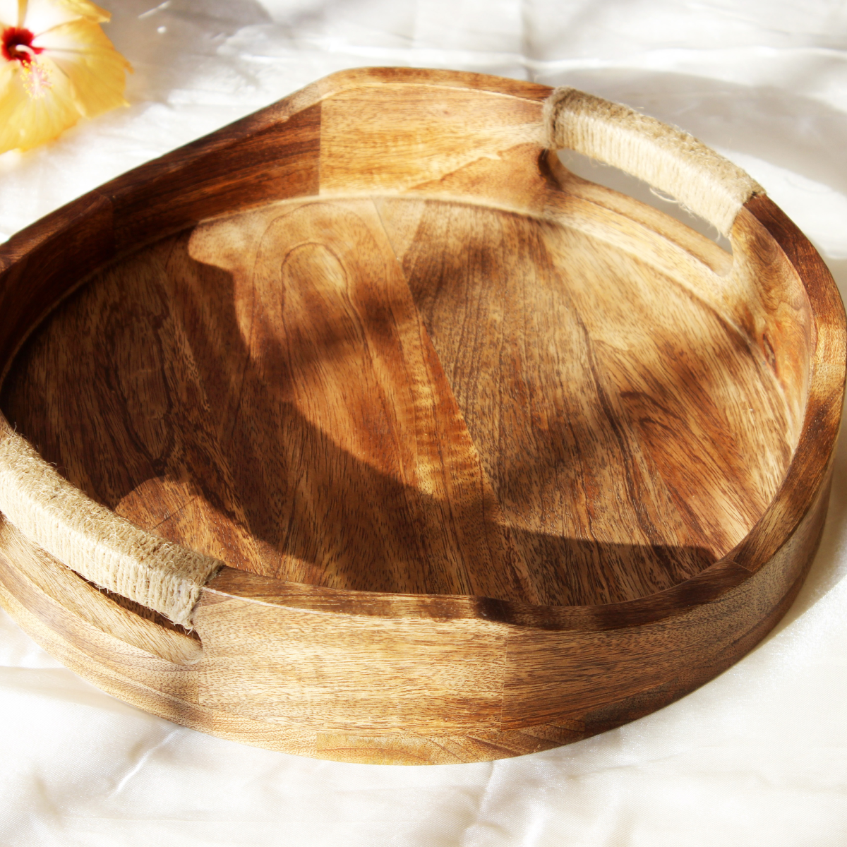 Acacia Round Breakfast Tray with Rope Handles