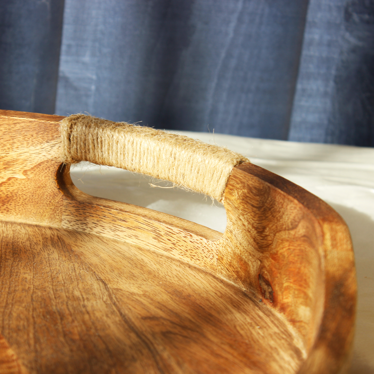 Acacia Round Breakfast Tray with Rope Handles