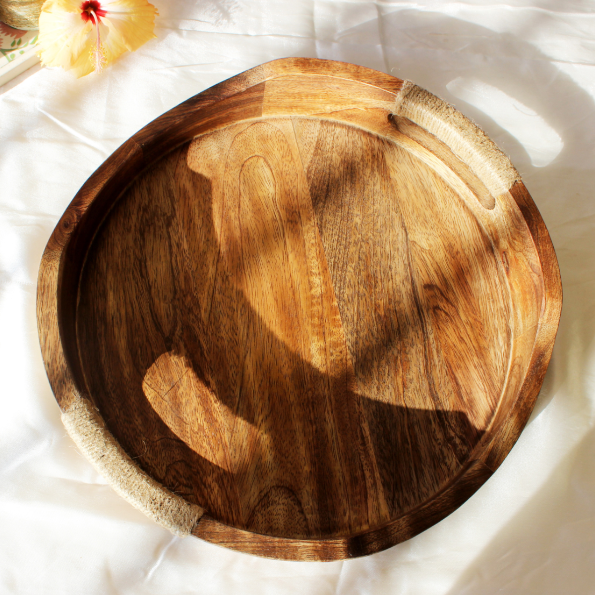 Acacia Round Breakfast Tray with Rope Handles