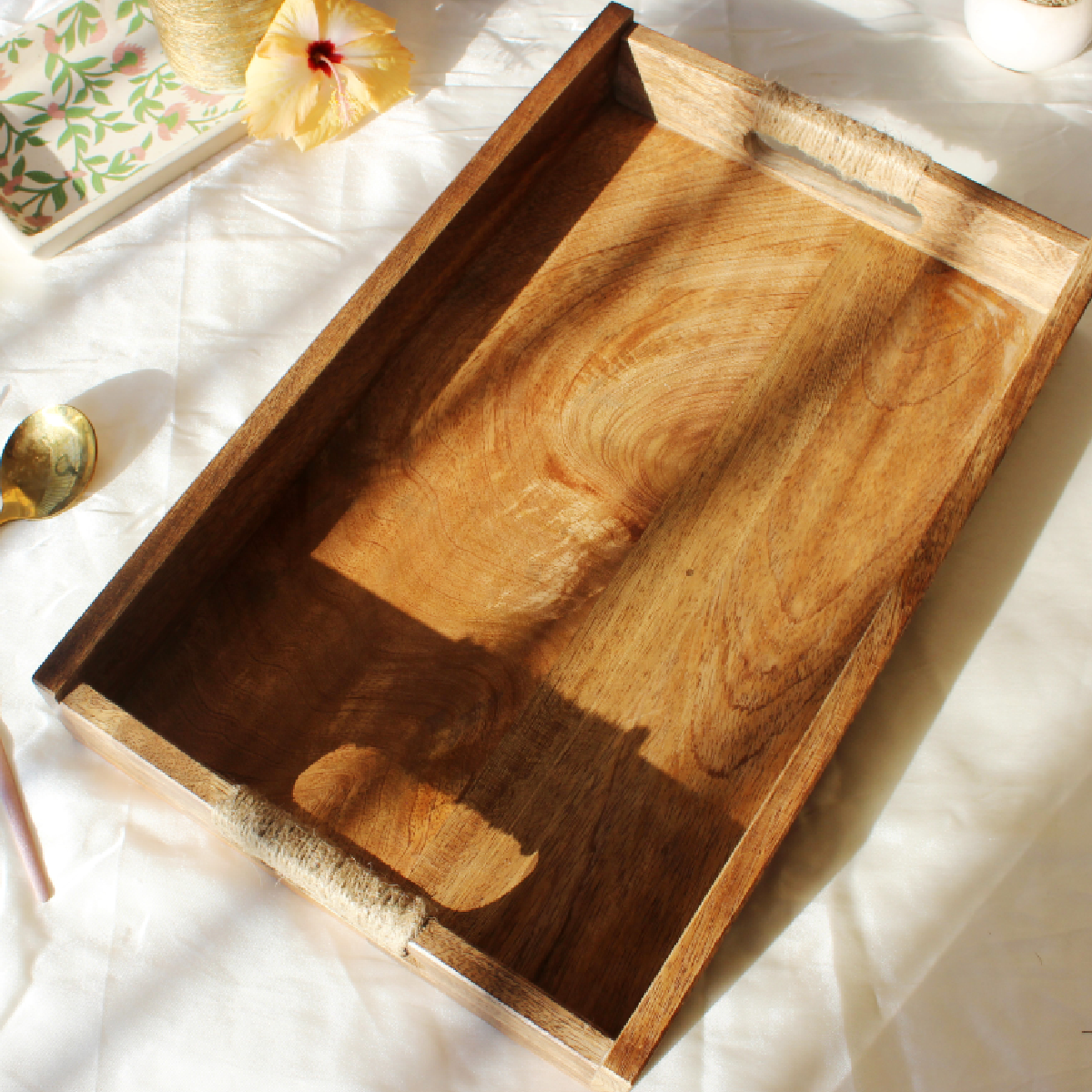 Acacia Rectangular Breakfast Tray with Rope Handles