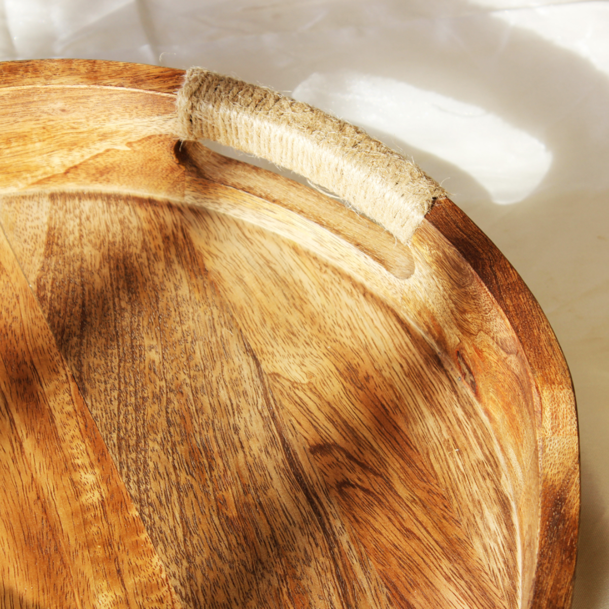 Acacia Round Breakfast Tray with Rope Handles