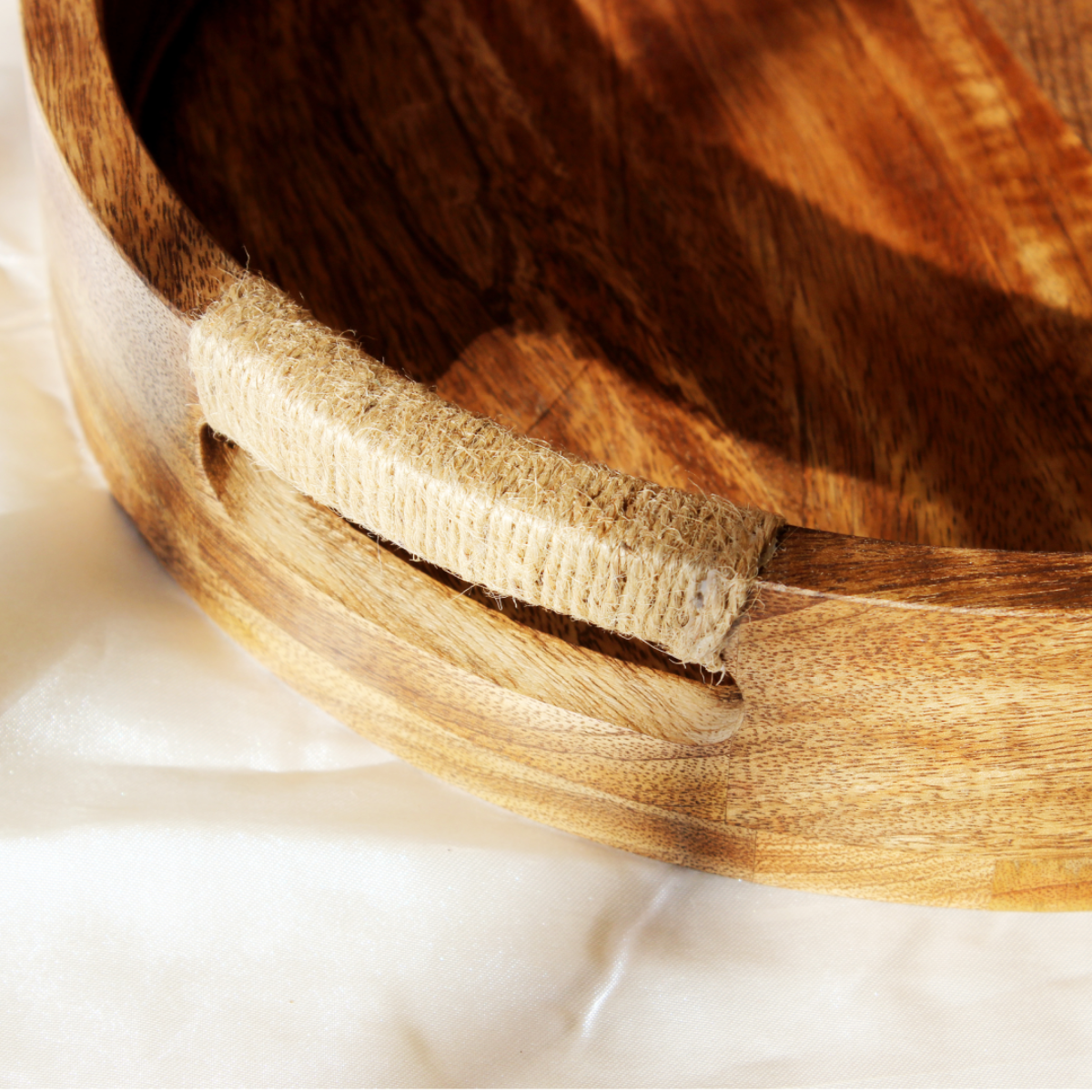 Acacia Round Breakfast Tray with Rope Handles