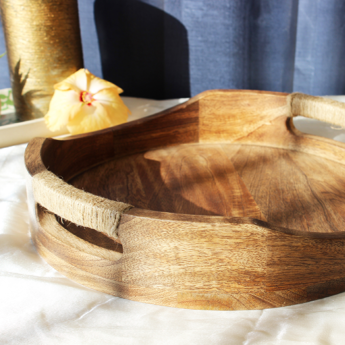 Acacia Round Breakfast Tray with Rope Handles