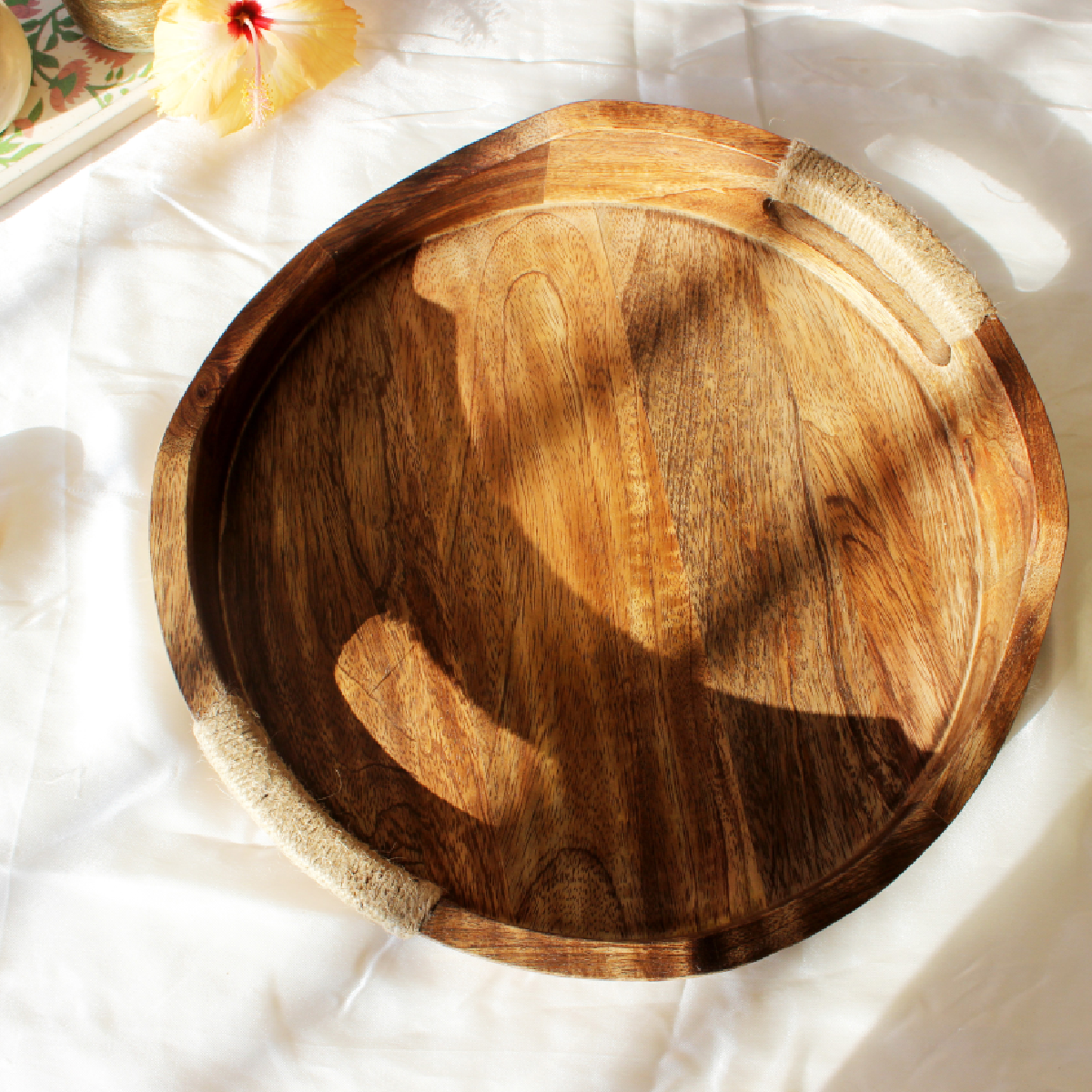 Acacia Round Breakfast Tray with Rope Handles