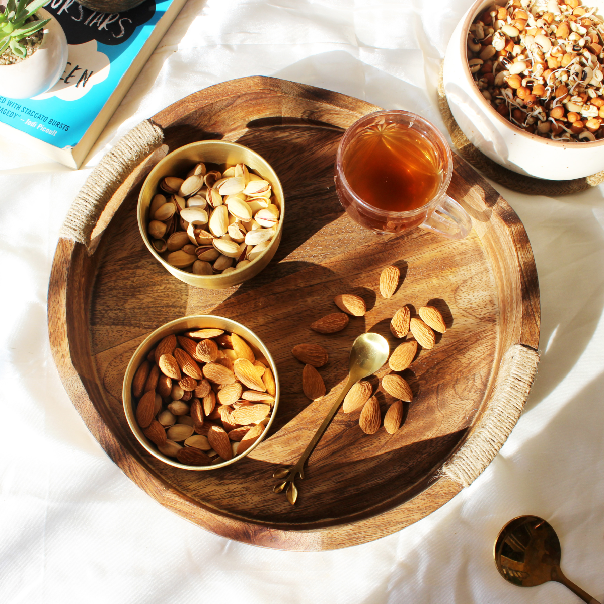 Acacia Round Breakfast Tray with Rope Handles