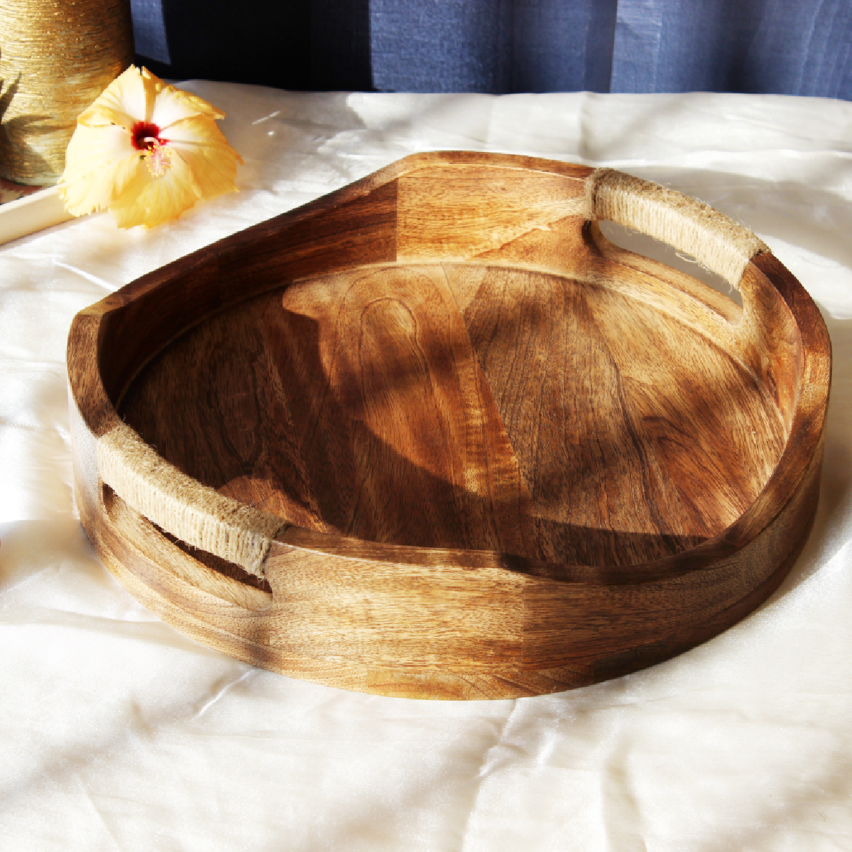 Acacia Round Breakfast Tray with Rope Handles