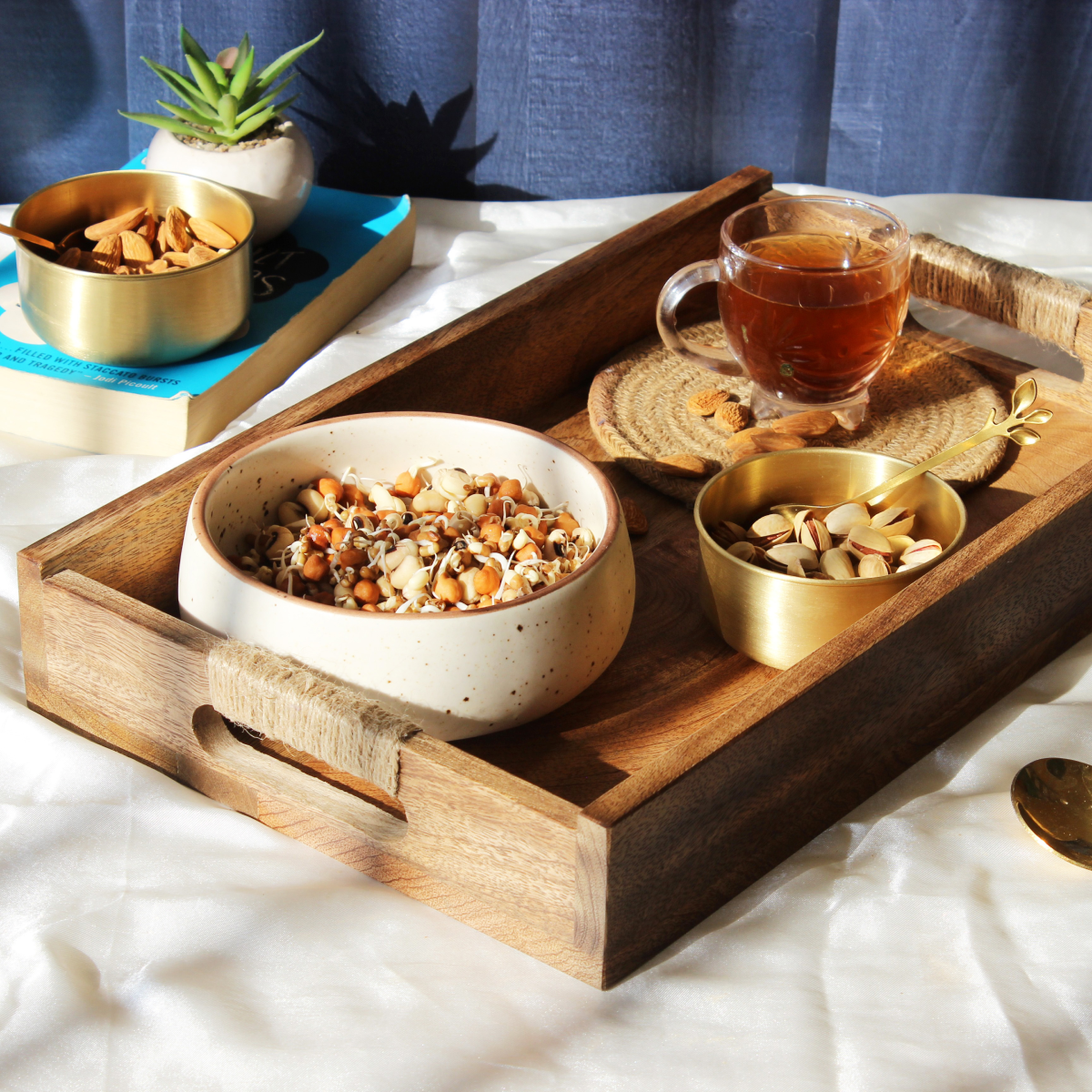 Acacia Rectangular Breakfast Tray with Rope Handles