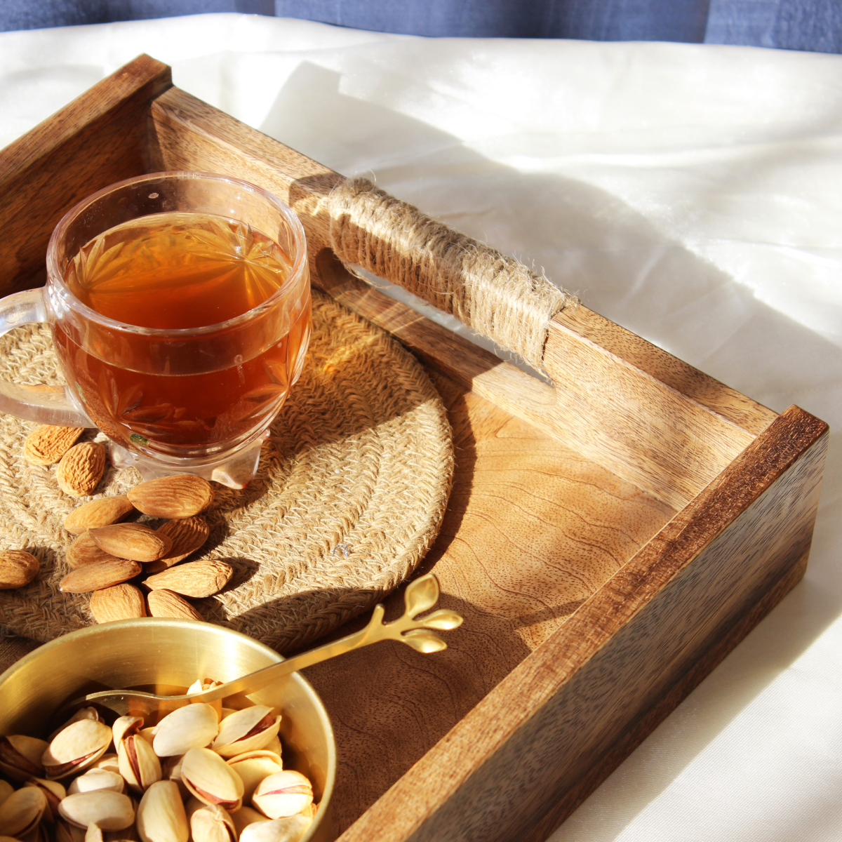 Acacia Rectangular Breakfast Tray with Rope Handles