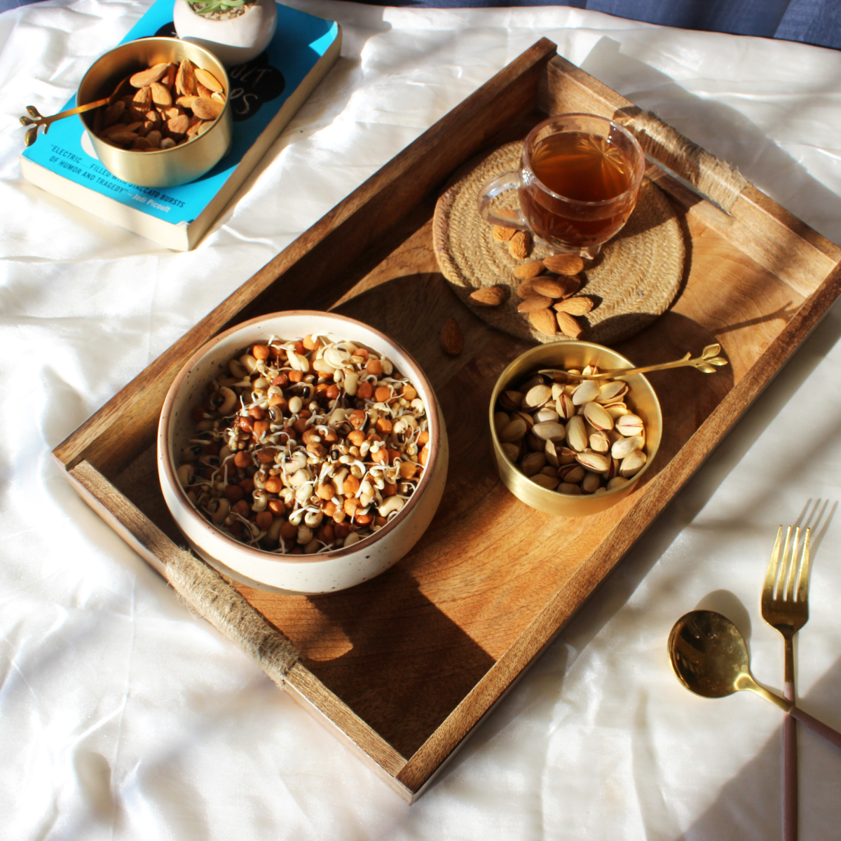 Acacia Rectangular Breakfast Tray with Rope Handles