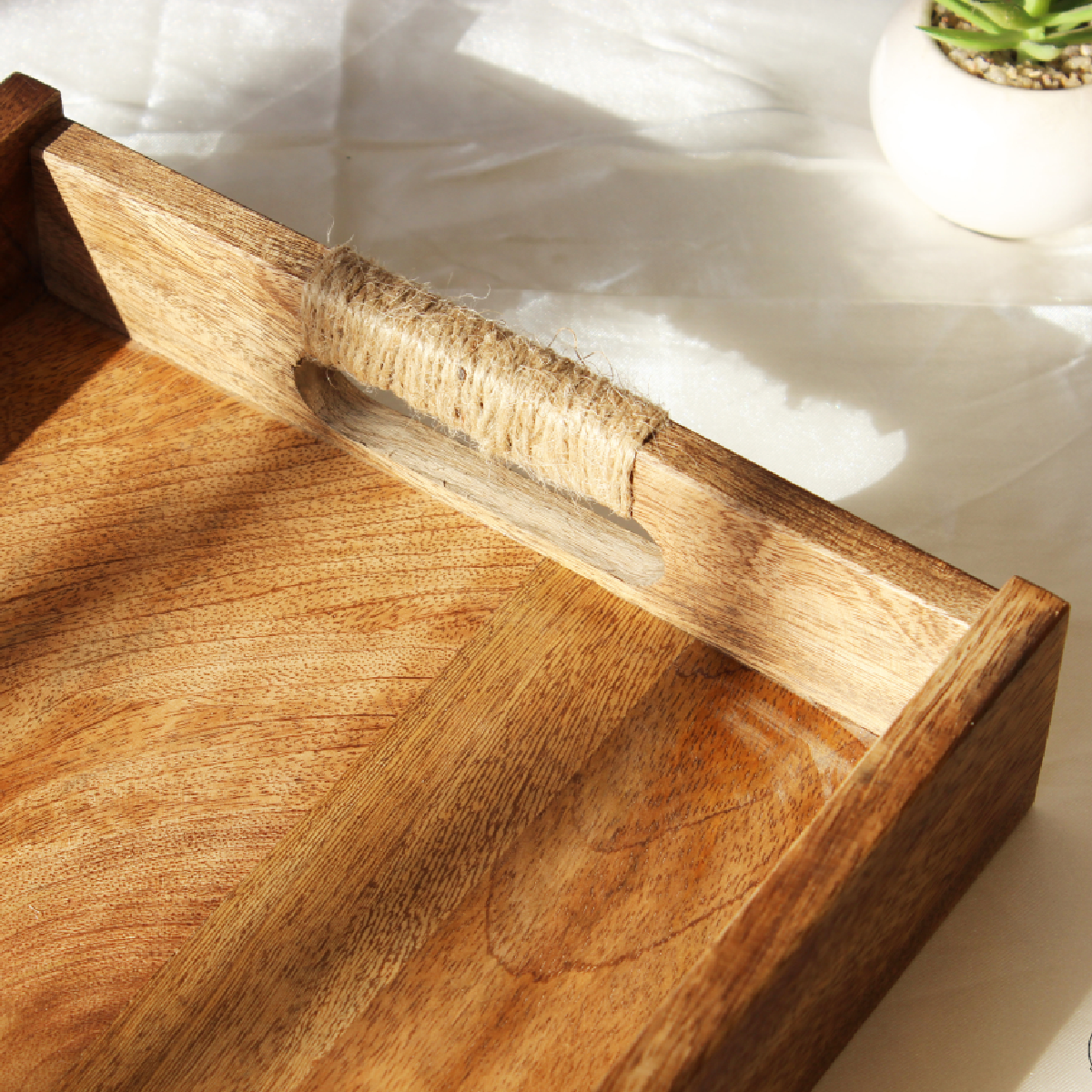 Acacia Rectangular Breakfast Tray with Rope Handles
