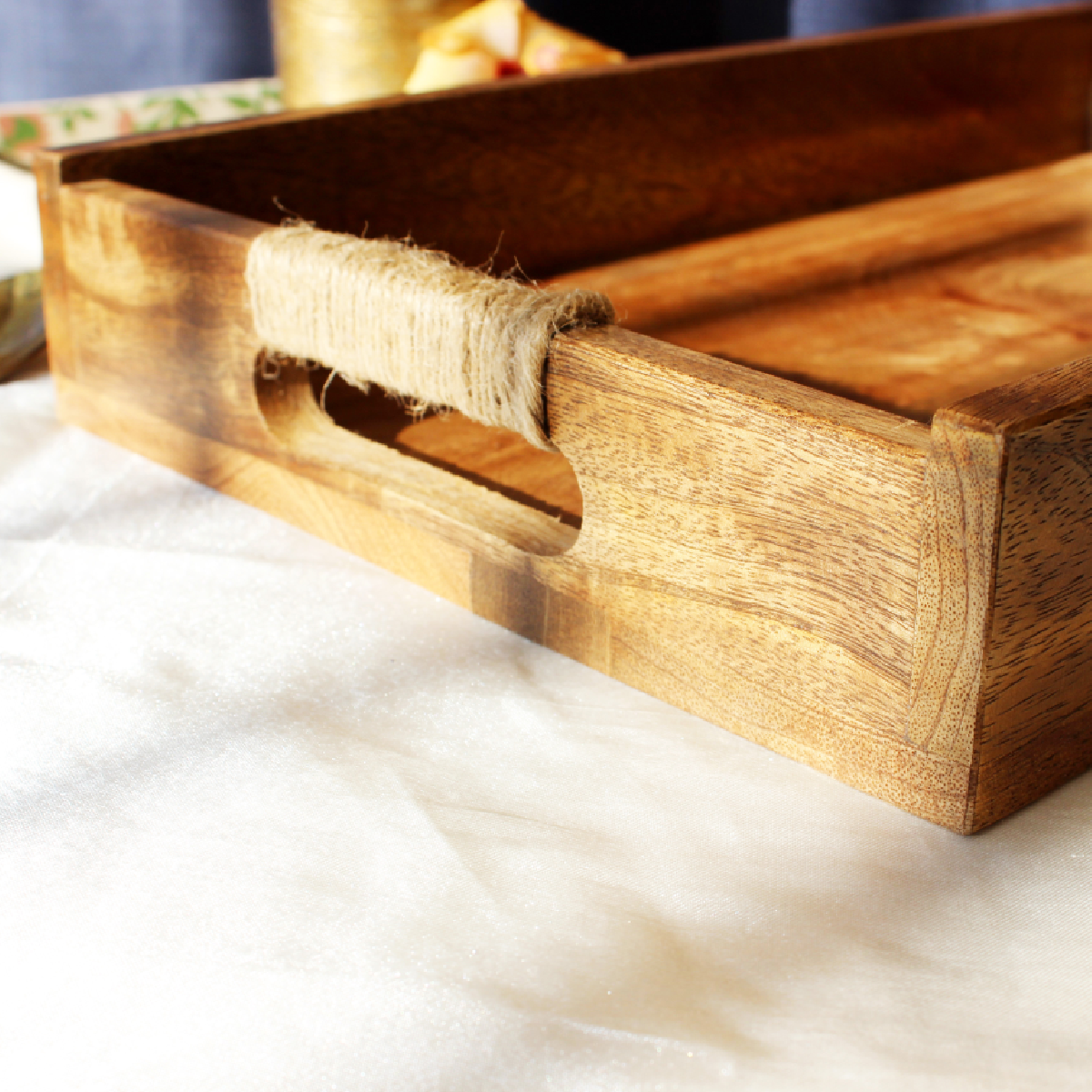 Acacia Rectangular Breakfast Tray with Rope Handles