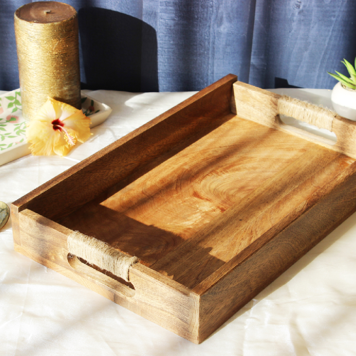 Acacia Rectangular Breakfast Tray with Rope Handles