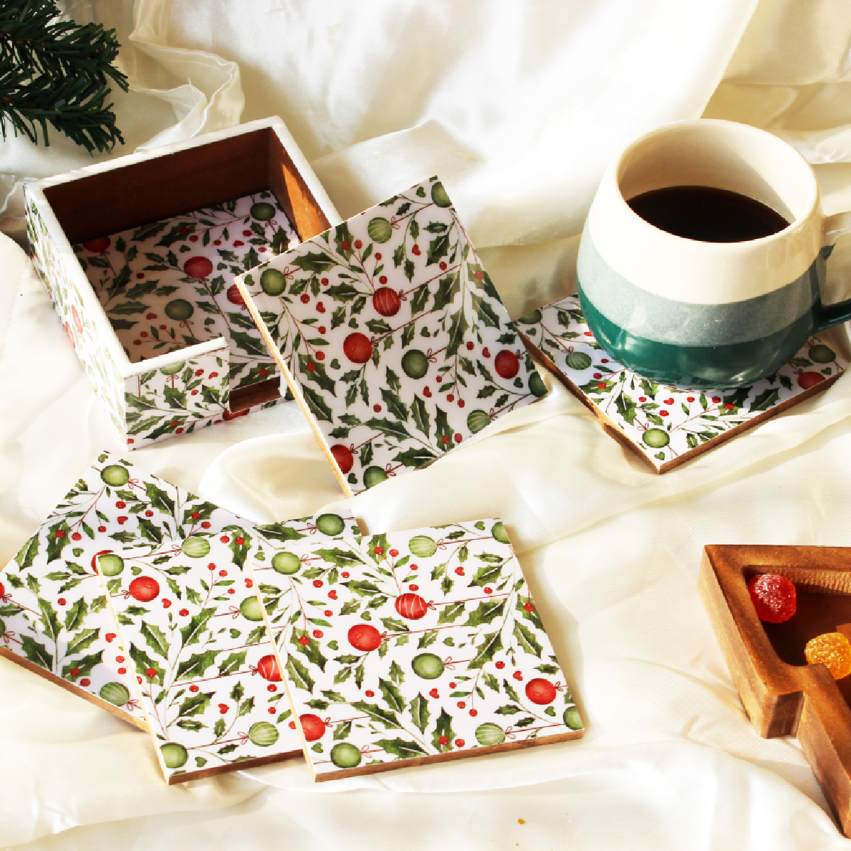 Holiday Hangings Wood Coasters Set with Holder