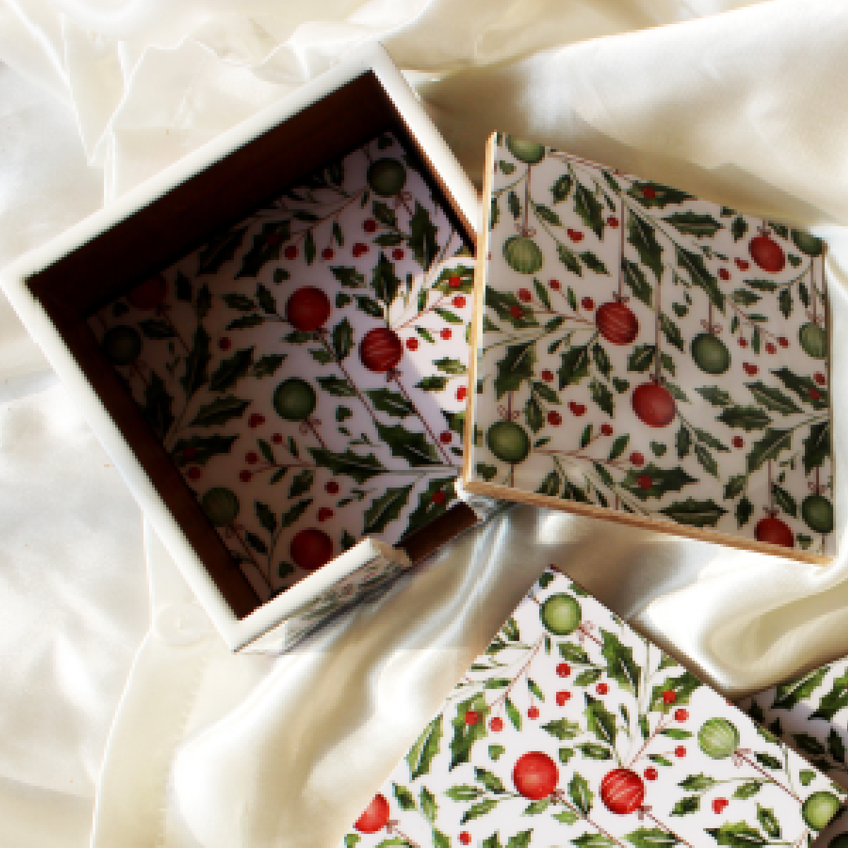 Holiday Hangings Wood Coasters Set with Holder