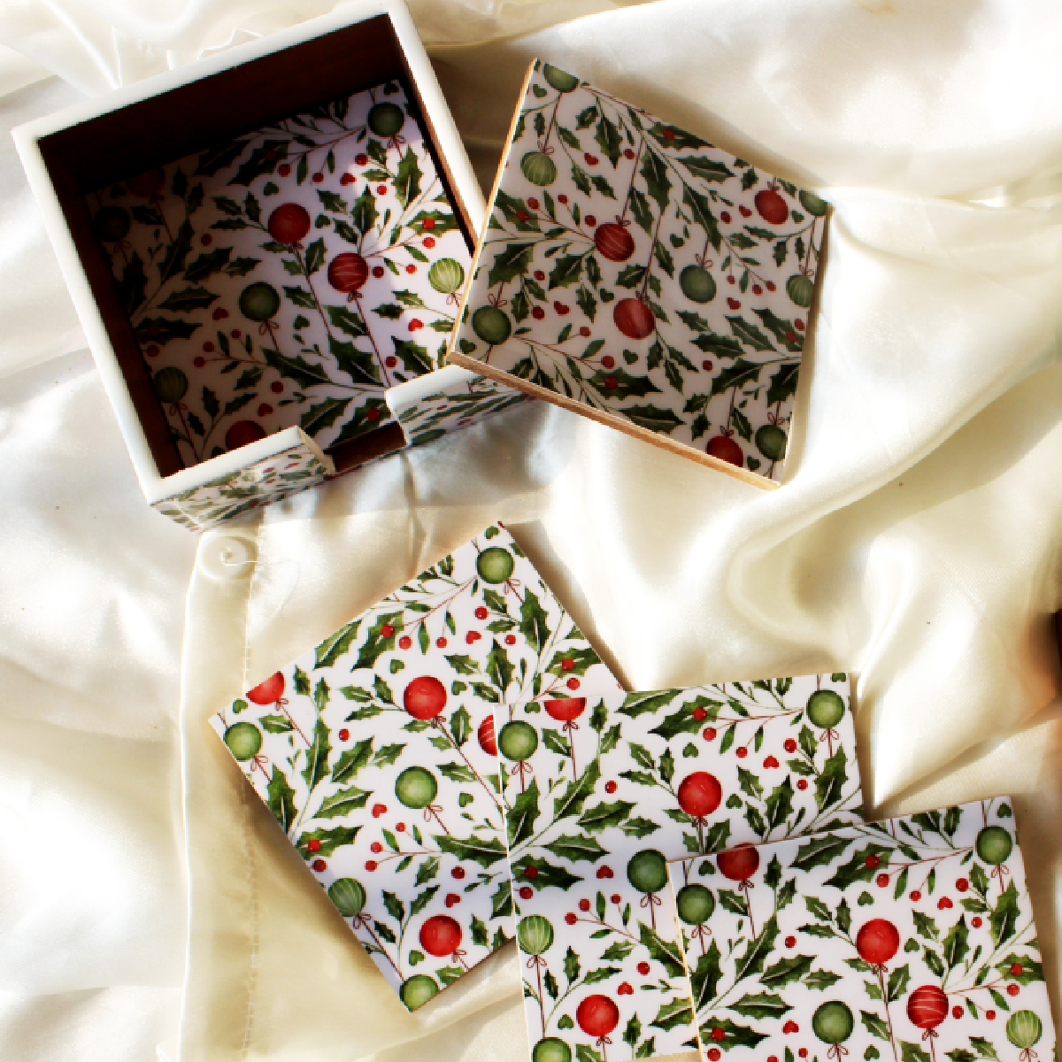 Holiday Hangings Wood Coasters Set with Holder